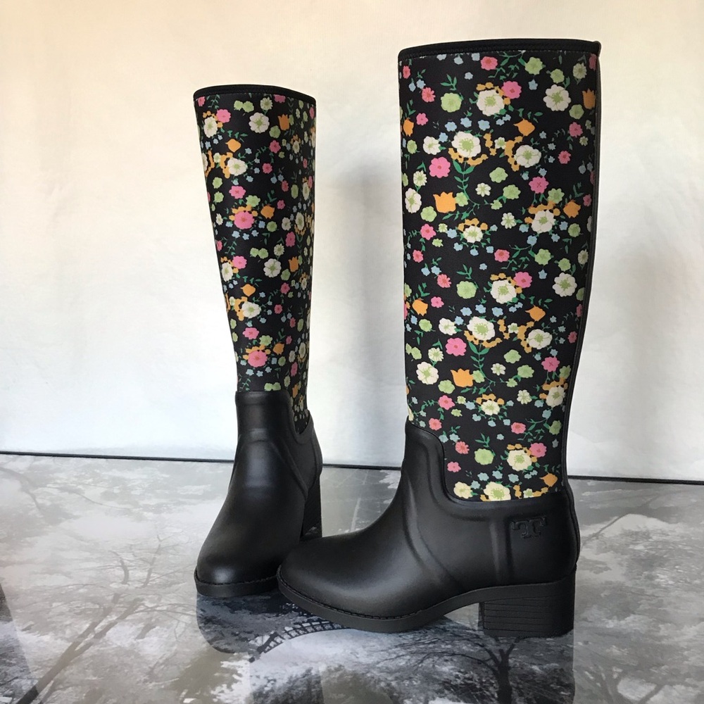 Tory Burch Black Floral Winter & Rain Boots
